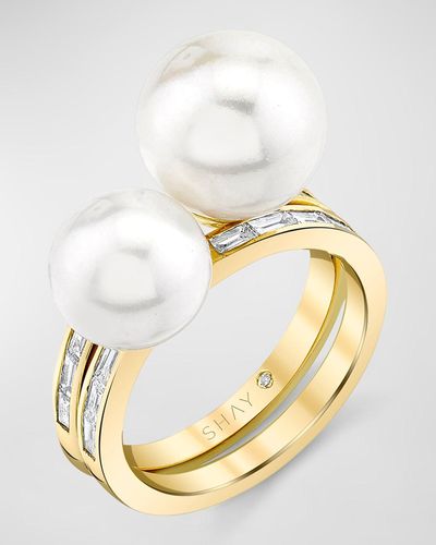 SHAY 18K Pearl And Baguette Diamond Rings, Set Of 2 - Metallic