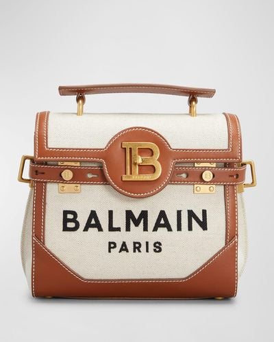 Balmain Bbuzz 23 Top-handle Bag In Canvas And Leather - Brown