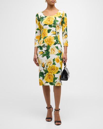 Dolce & Gabbana Rose-Print Scoop-Neck 3/4-Sleeve Charmeuse Midi Dress - Yellow