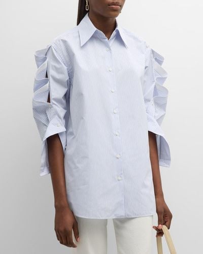 Lafayette 148 New York Striped Button-Sleeve Shirt - White