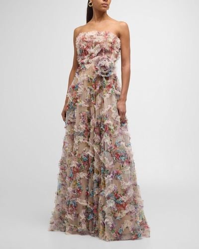Jovani Strapless Floral-Print Ruffle Gown - Brown