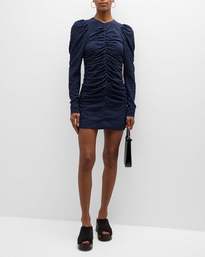 Ganni Ruched Long-Sleeve Seersucker Mini Dress - Blue