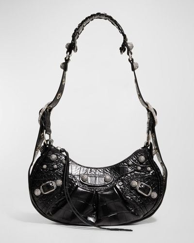 Balenciaga Le Cagole Xs Croc-Embossed Shoulder Bag With Rhinestones - Black