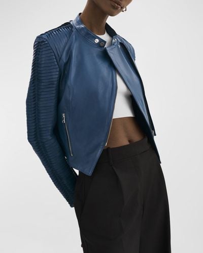 Lamarque Azra Slashed-sleeve Leather Moto Jacket - Blue