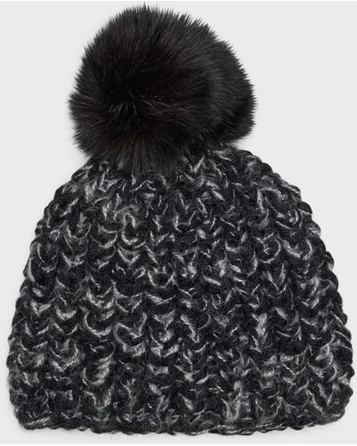 Surell Chunky Crochet Knit Beanie With Faux Fur Pom - Black
