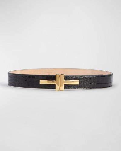 Tom Ford Double T Croc-Embossed Leather Belt - Gray