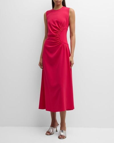 Lela Rose Sunburst Ruched-Side Sleeveless Midi Dress - Red