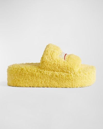Balenciaga Shaggy Logo Slide Platform Sandals - Yellow