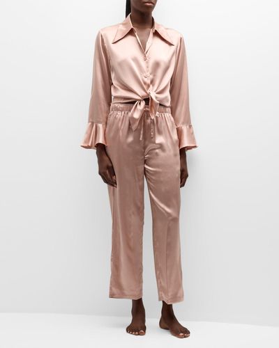 Neiman Marcus Ruffle Long-sleeve Silk Pajama Set - Multicolor