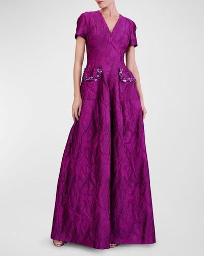 Talbot Runhof Reo Embellished-Pocket Mikado Jacquard Gown - Purple