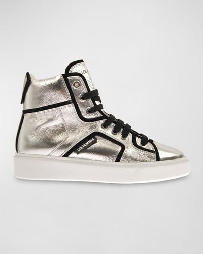 Les Hommes Metallic Leather High-Top Sneakers - Natural