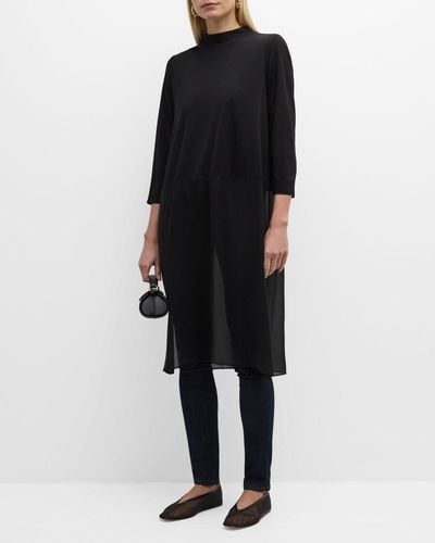 Eileen Fisher Mock-Neck 3/4-Sleeve Silk Jersey Tunic - Black