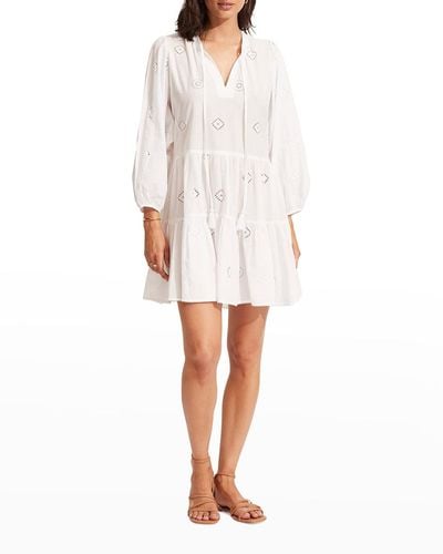 Seafolly Tiered Embroidered Mini A-Line Dress - White