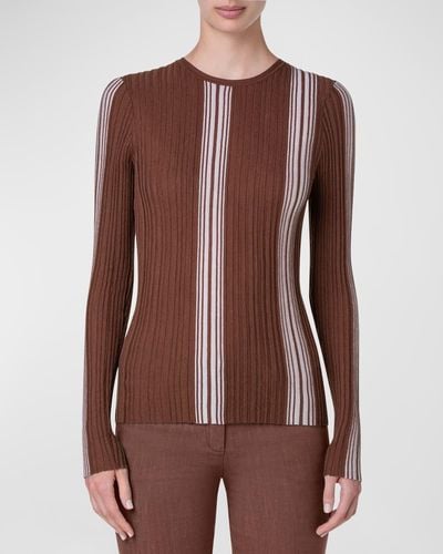 Akris Irregular Striped Fine Gauge Long-Sleeve Sweater - Brown