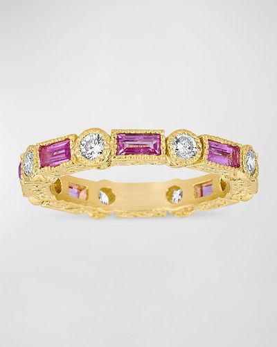 Tanya Farah Pink Sapphire Baguette White Diamond Round Ring - Multicolor