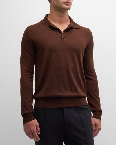 Isaia Wool-Silk Blend Polo Sweater - Brown