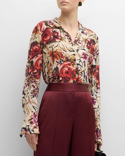 Kobi Halperin Lola Floral-Print Button-Down Silk Blouse - Red