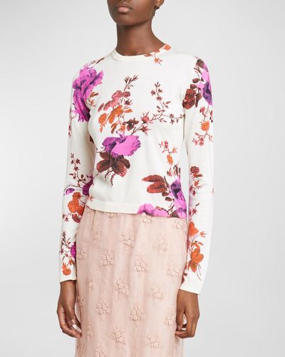 Erdem Floral-Print Silk Crewneck Sweater - Pink