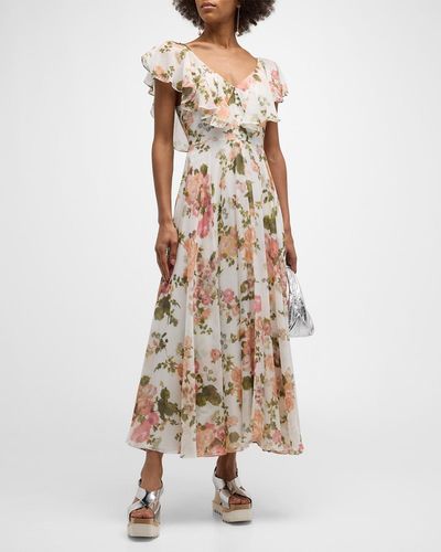 Erdem Floral Print Midi Dress With Ruffle Detail - Natural