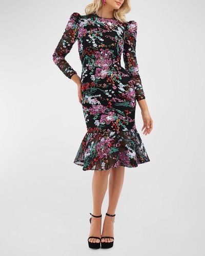 HELSI Isabel Puff-Shoulder Floral Sequin Midi Dress - Multicolor