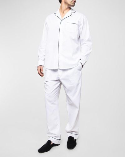 Petite Plume Solid Twill Pajama Set With Piping - White