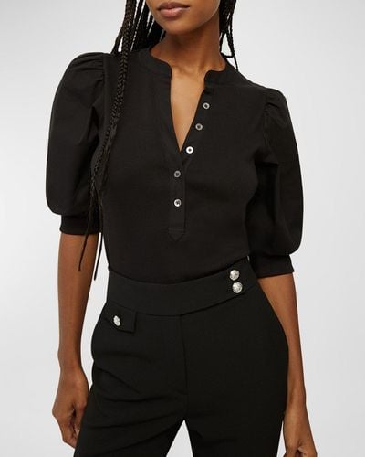 Veronica Beard Coralee Puff Sleeve Button-Front Top - Black