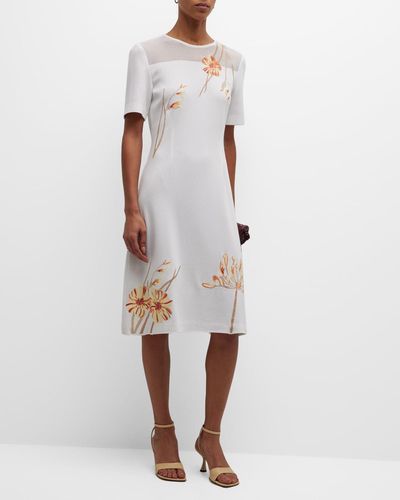Misook Floral-Embroidered A-Line Midi Dress - White