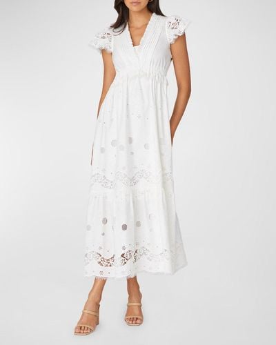 Shoshanna Varah Broderie Anglaise Flutter-Sleeve Midi Dress - White