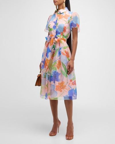 Carolina Herrera Button-Front Floral-Print Midi Dress With Tie Belt - White