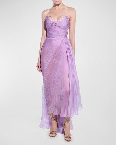 Maria Lucia Hohan Julie Lace-Trim Drape Strapless Plisse Midi Dress - Purple
