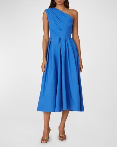 Shoshanna Pleated One-Shoulder Faille Taffeta Midi Dress - Blue
