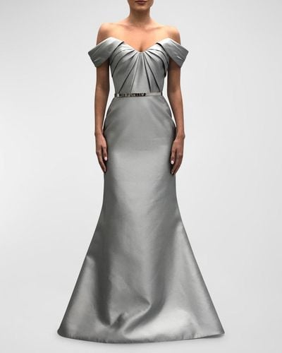 Romona Keveža Pleated Off-The-Shoulder Cap-Sleeve Trumpet Gown - Gray