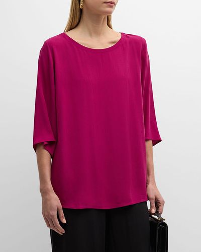 Eileen Fisher Scoop-Neck 3/4-Sleeve Silk Top - Red