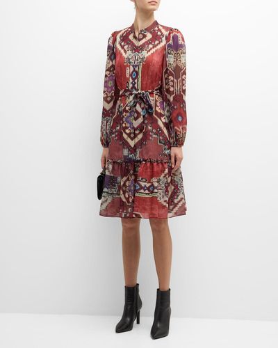 Kobi Halperin Candace Ikat-Print Belted Long-Sleeve Tiered Dress