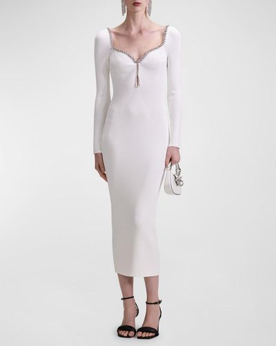 Self-Portrait Diamanté-Trim Bodycon Knit Midi Dress - White