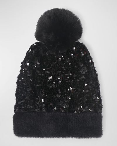Pia Rossini Kiaro Sequin Velvet Hat With Faux Fur Pom - Black