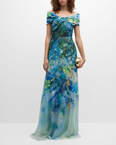 Teri Jon Off-Shoulder Floral-Print Chiffon Gown - Blue