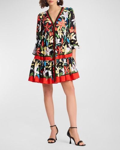 Kate Spade Summer Lilies Tiered Blouson-Sleeve Mini Dress