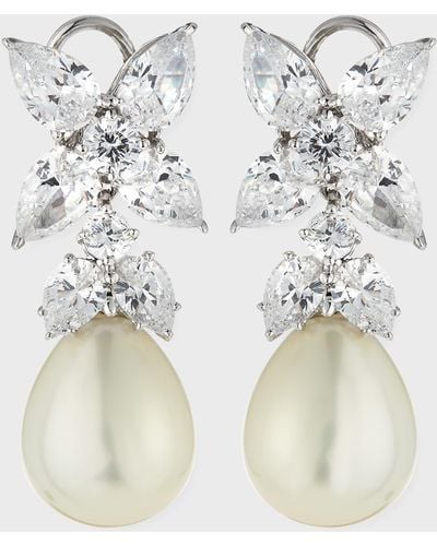 Fantasia by Deserio 10.0 Tcw Flower Top Cz & Simulated Pearly Drop Earrings - White