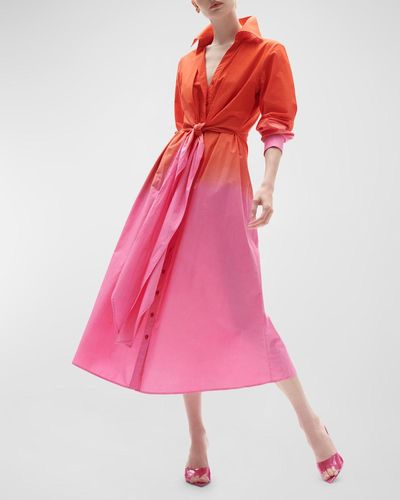 Figue Kate Ombre-Print Tie-Waist Long-Sleeve Midi Shirtdress - Pink