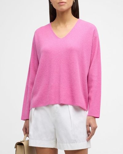 Eileen Fisher Ribbed V-Neck Cashmere Sweater - Pink