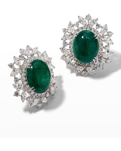 Alexander Laut White Gold Oval Zambian Emerald And Diamond Earrings - Green