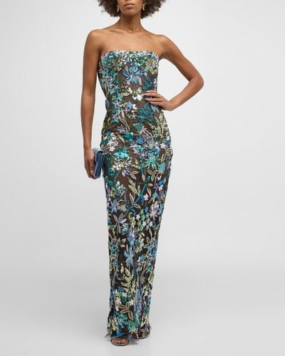 Bronx and Banco Dahlia Strapless Floral-Embroidered Column Gown - Green