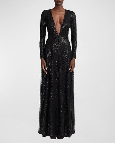 Ralph Lauren Collection Carmelo Plunging Embellished Long-Sleeve Gown - Black