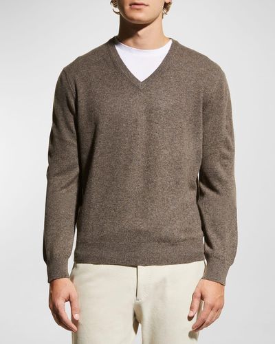 Neiman Marcus Wool-Cashmere Knit V-Neck Sweater - Brown