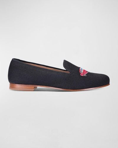 Stubbs And Wootton Embroidered Car Linen Smoking Slippers - Blue