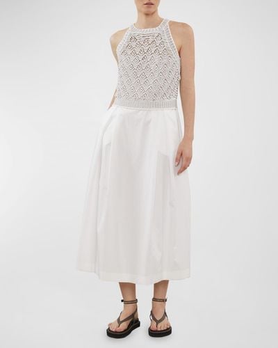Peserico Sleeveless Mixed Media Halter Midi Dress - White