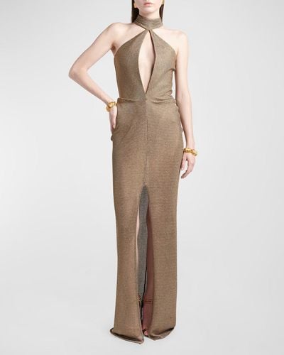 Tom Ford Cutout Mock-Neck Halter Metallic Honeycomb Evening Gown - Natural
