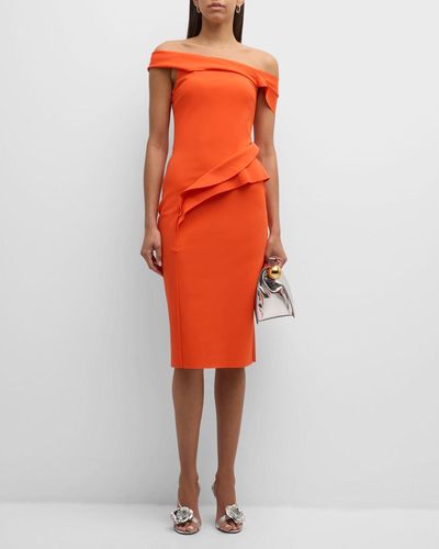 La Petite Robe Di Chiara Boni Off-Shoulder Bodycon Ruffle Midi Dress - Orange