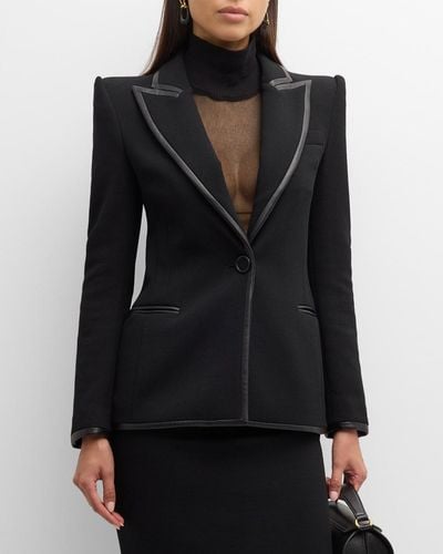 Sergio Hudson Leather Frame Strong-Shoulder Single-Breasted Blazer Jacket - Black